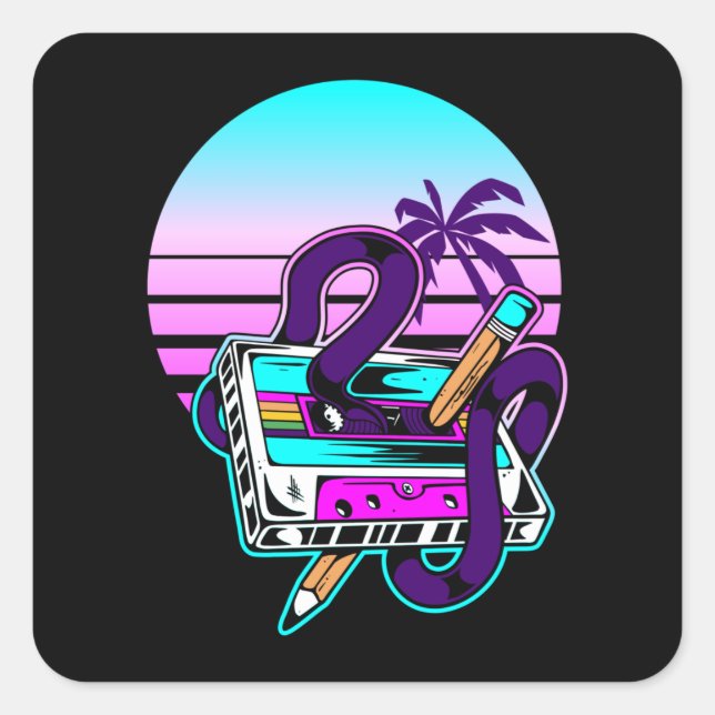 Rewind Cassette Music Pencil 80er 90s Quadratischer Aufkleber (Vorderseite)
