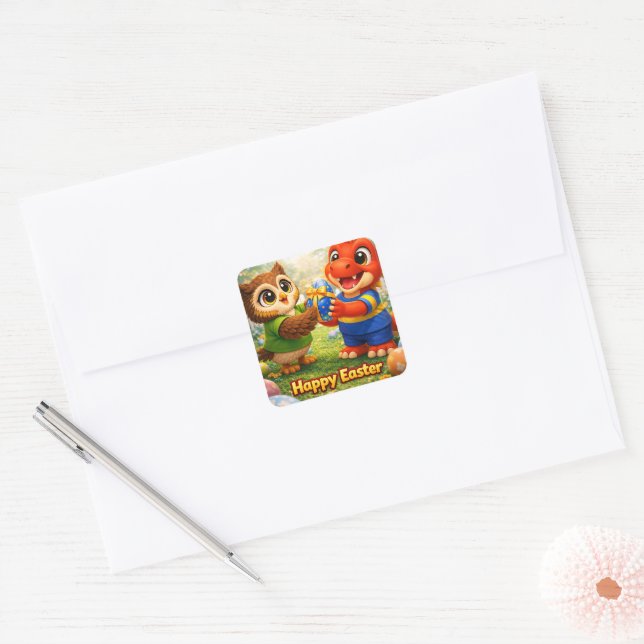 Rex and hoot happy Easter Square envelope seal Quadratischer Aufkleber (Umschlag)