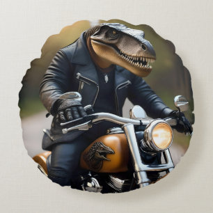 **"Rex aufgedreht: T-Rex in Leder auf einem Motorr Rundes Kissen