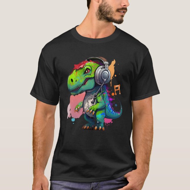 rex with headphones music cute dinosaur for kids T-Shirt (Vorderseite)