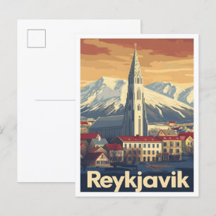 Reykjavik Island Art Vintage Travel Illustration Postkarte