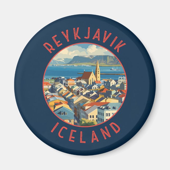 Reykjavík Island Retro Distressed Circle Magnet (Vorne)