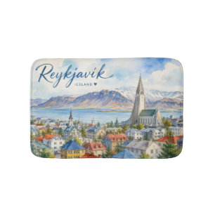 Reykjavik Island Souvenir Wasserfarbe  Badematte