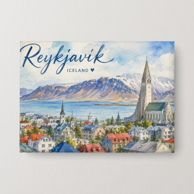 Reykjavik Island Souvenir Wasserfarbe  Button (Vorderseite)