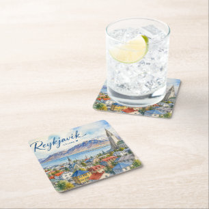 Reykjavik Island Souvenir Wasserfarbe  Rechteckiger Pappuntersetzer