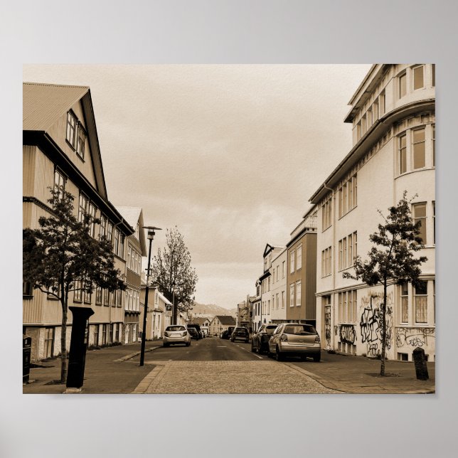 Reykjavik Island Street Scene Sepia Poster (Vorne)