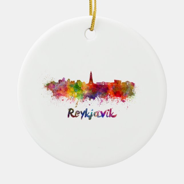 Reykjavik Skyline in Aquarellon Keramikornament (Vorne)