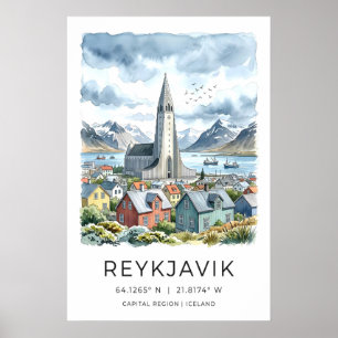 Reykjavik-Wasserfarbdruck, Hallgrímskirkja und Poster