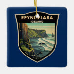 Reynisfjara Beach Island Reisen Vintag Keramikornament<br><div class="desc">Reynisfjara in einem Vektor Art Stil. Reynisfjara ist ein weltberühmter schwarzer Sandstrand an der Südküste Islands,  direkt neben dem Vik í Myrdal.</div>