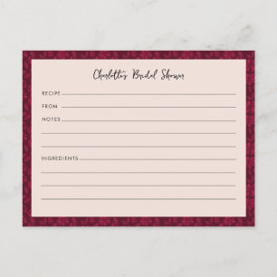 Rezept-Karte für Burgund Vintages florales Brautpa Postkarte