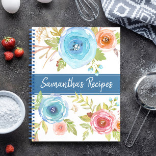 Rezept-Kochbuch, blau rote orange florale Wasserfa Notizbuch