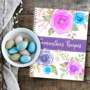 Rezept-Kochbuch chic blau lila floral Aquarell Notizbuch