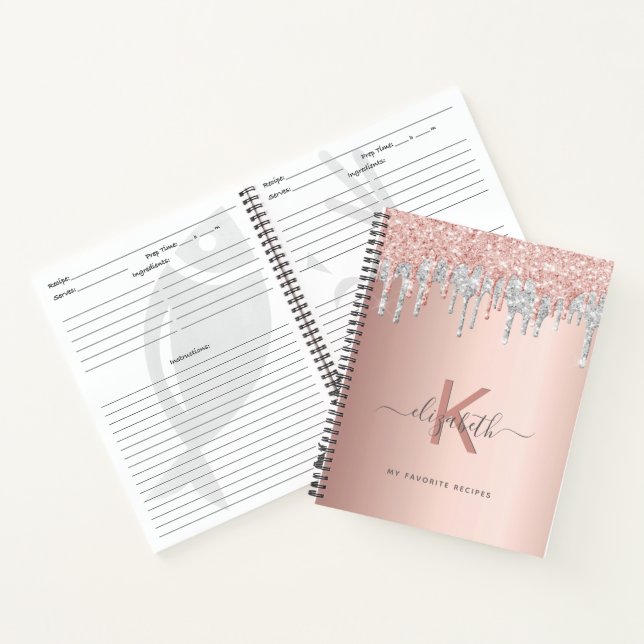 Rezept Kochbuch Monogramm Glitzer Rose Gold Silber Notizbuch (Innenseite)