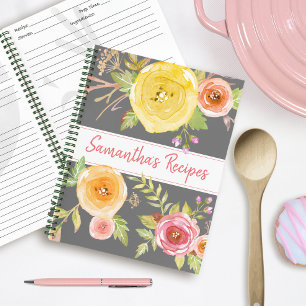 Rezept-Kochbuch rosa gelbe Blumengestaltung Wasser Notizbuch