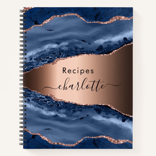 Rezepte blaues agate Marmor Rose Gold Namensskript Notizbuch (Vorderseite)