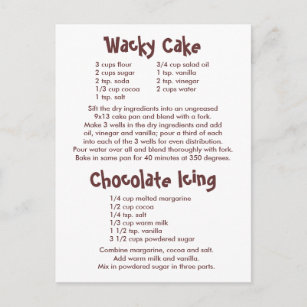 Rezepte für "Wacky Cake" und "Schokolade" Postkarte