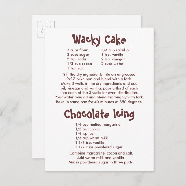 Rezepte für "Wacky Cake" und "Schokolade" Postkarte (Vorne/Hinten)