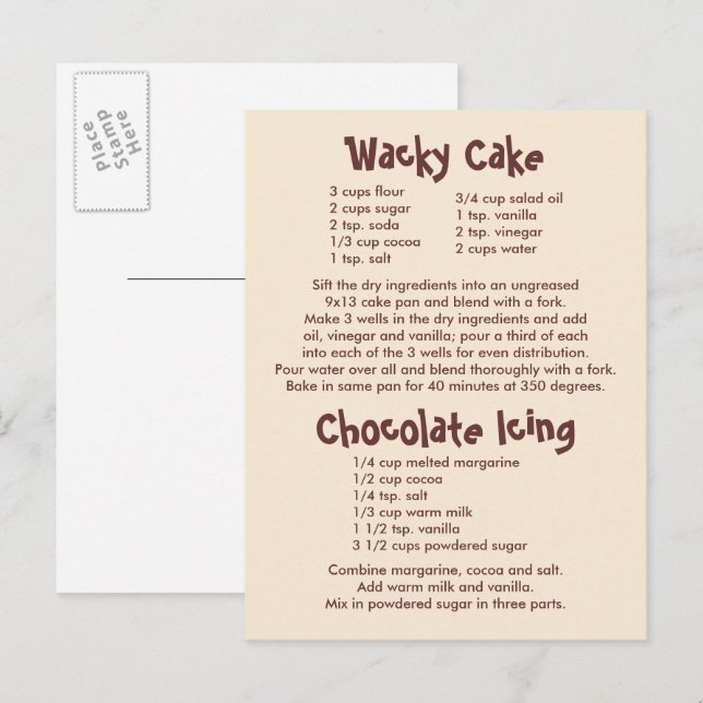Rezepte für "Wacky Cake" und "Schokolade" Postkarte (Vorne/Hinten)
