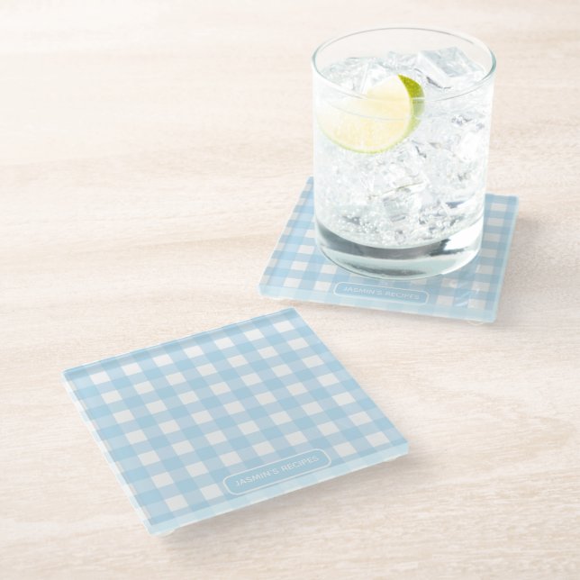 Rezepte | Gingham-Muster Hellblau und Weiß Glasuntersetzer (Schrägansicht)
