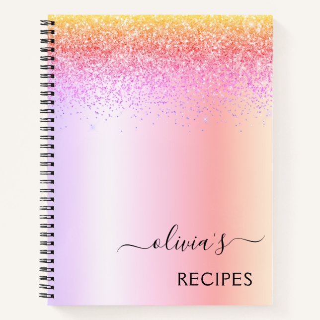 Rezepte Kochbuch Rainbow Pastell Glitzer Monogram Notizbuch (Vorderseite)