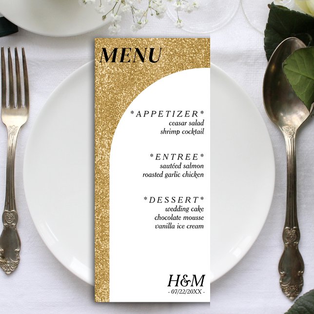 Rezeption für eine Arch-Hochzeit mit abgerundetem  Menükarte (White & Gold Glitter Curved Arch Wedding Reception Menu)