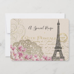 Rezeptkarte mit Vintage-Eiffelturm und rosa Blumen Einladung