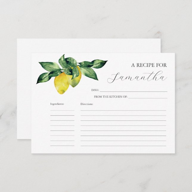 Rezeptkarten Wasserfarben Zitronen Einladung (Vorne/Hinten)