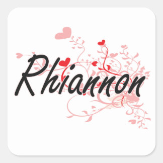 Rhiannon Artistic Name Design with Hearts Quadratischer Aufkleber