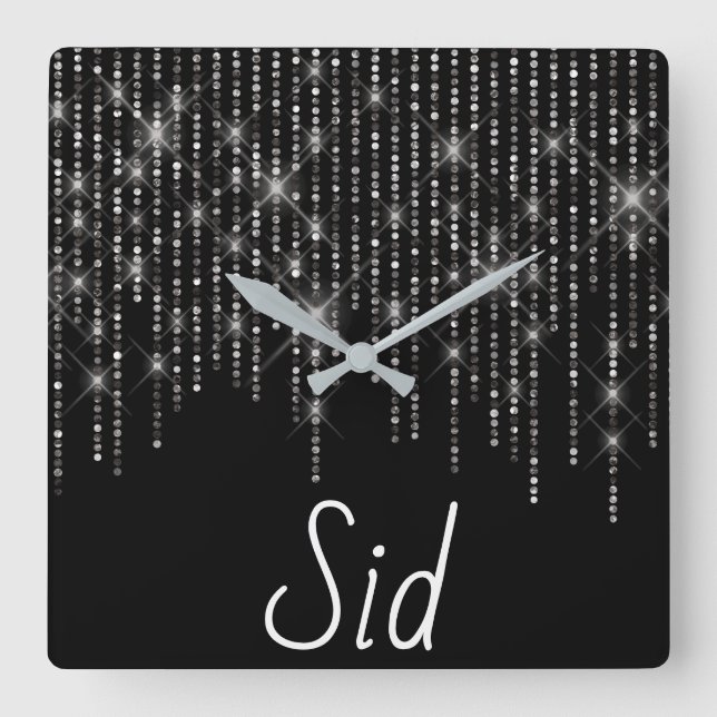 Rhinestone Bling with Name Square Wall Clock Quadratische Wanduhr (Vorderseite)