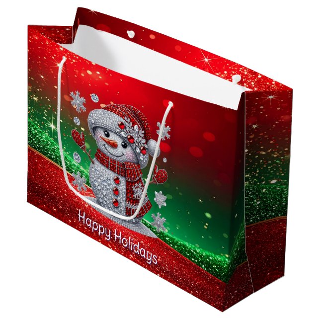 Rhinestones Snowman Holiday Gift Bag Große Geschenktüte (Vorderseite Schrägansicht)