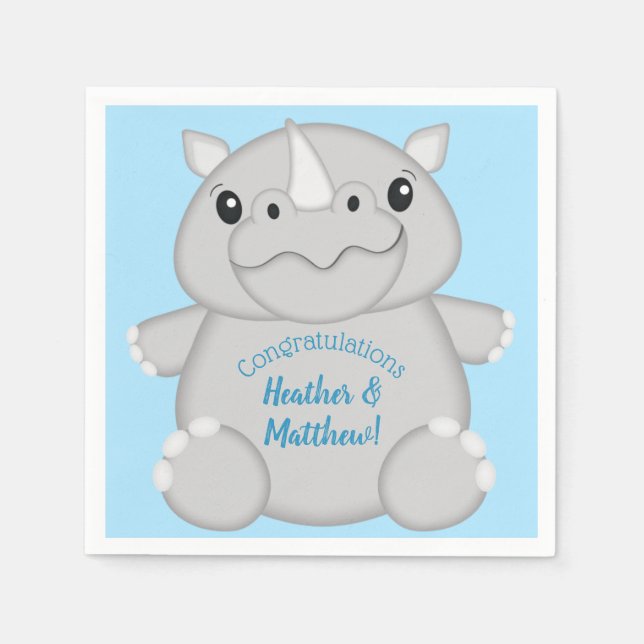 Rhino Baby Shower Blue Serviette (Vorderseite)