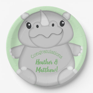 Rhino Baby Shower Green Pappteller