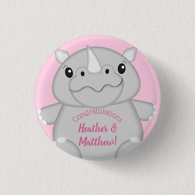Rhino Baby Shower Safari Pink Girl Button (Vorderseite)