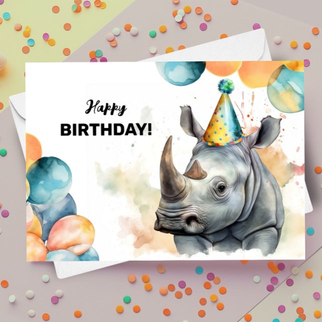 Rhino Balloons und Party Hat Rhinoceros Geburtstag Karte (Von Creator hochgeladen)
