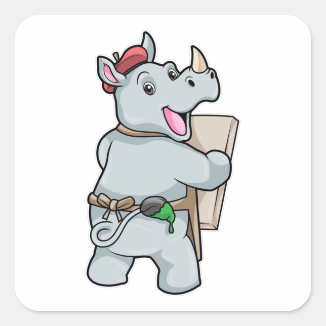 Rhino beim Malen mit Farben Quadratischer Aufkleber (Vorderseite)