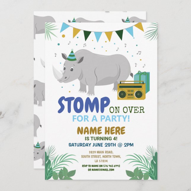 Rhino Party Kindergeburtstag Tiergenuss Einladung (Vorne/Hinten)