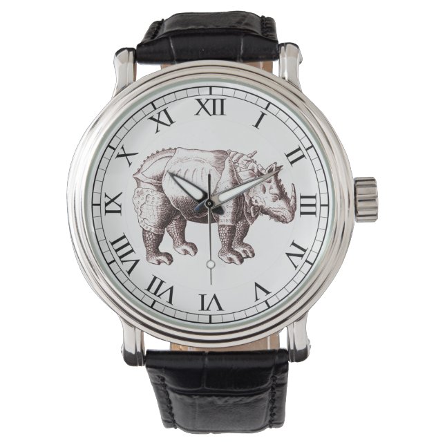 Rhino - Renaissancestil Zeichnend Rhinozeros Armbanduhr (Vorderseite)