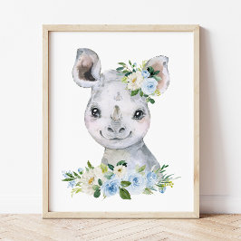 Rhino, Safari, Jungle, Blue Flowers, Boy Nursery Fotodruck