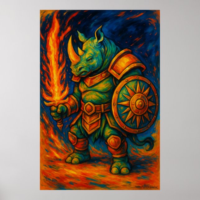 Rhino Warrior Wall Art – Fiery Sword Guardian Poster (Vorne)