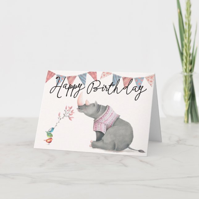 Rhinoceros & Birdies Happy Birthday Greeting Card Karte (Vorderseite)