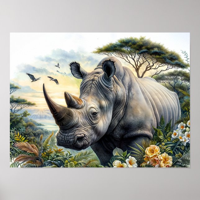 Rhinoceros Botanische Wasserfarben Poster (Vorne)