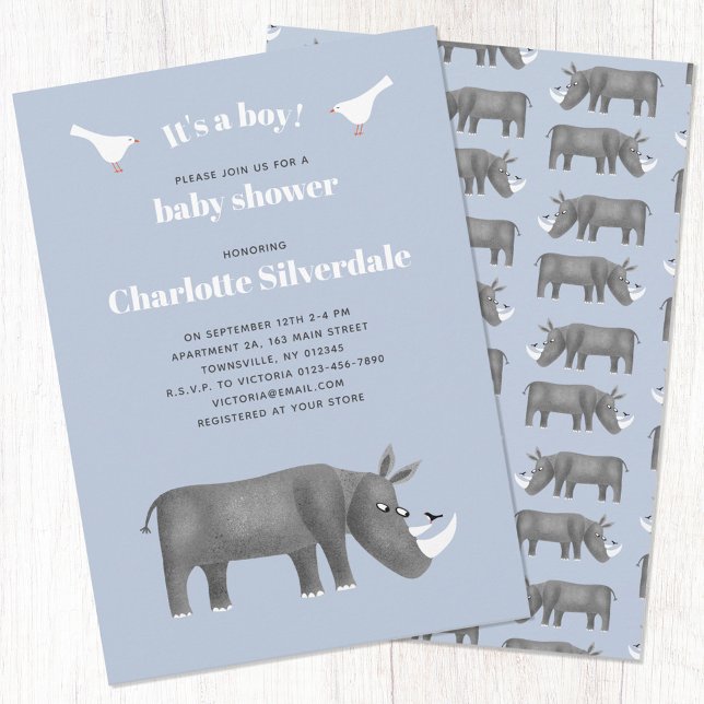 Rhinoceros Es ist eine Baby-Dusche Einladung (Fun rhino themed baby shower invitation)