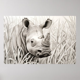 Rhinoceros Friedlich Natur Prairie Sketch Zeichnen Poster
