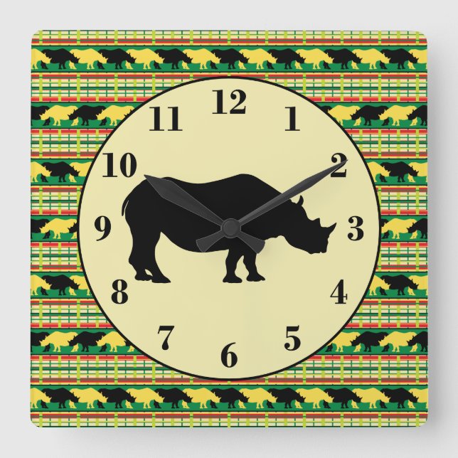 Rhinoceros Safari Muster und Silhouette Quadratische Wanduhr (Vorderseite)