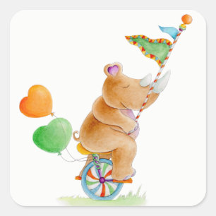 Rhinozeros auf einer Einrad-Whimsy-Aquarellkunst Quadratischer Aufkleber