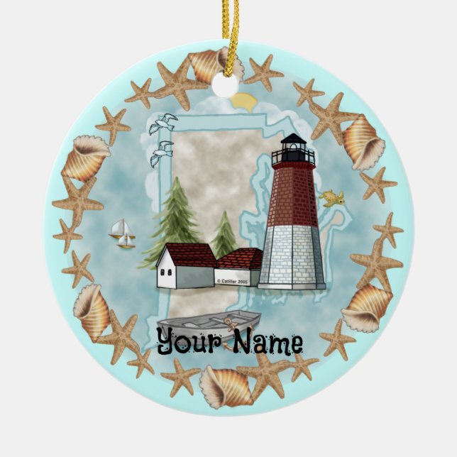 Rhode Island Muschel Leuchtturm individuelle Name  Keramik Ornament (Vorne)