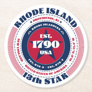 Rhode Island Red White Blue Typografy Runder Pappuntersetzer