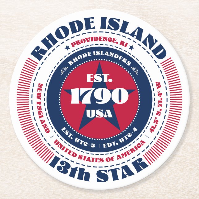 Rhode Island Red White Blue Typografy Runder Pappuntersetzer (Vorderseite)