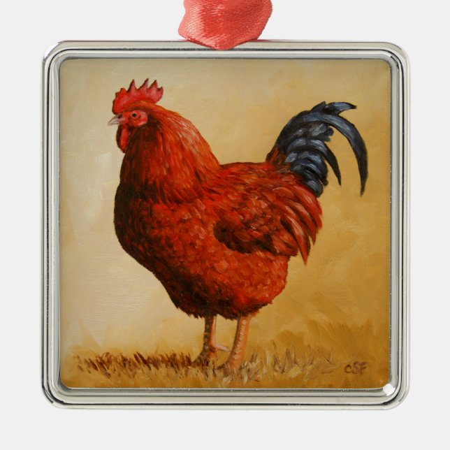Rhode Island Rooster Chicken Ornament Aus Metall (Vorne)
