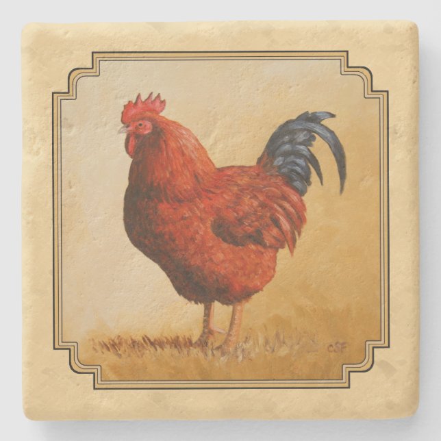 Rhode Island Rooster Gelber Hintergrund Steinuntersetzer (Vorderseite)